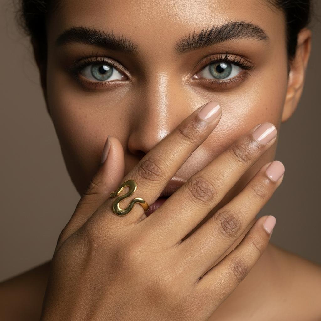 Alternative view of Minimalist Snake Flow Gold Plate Ring