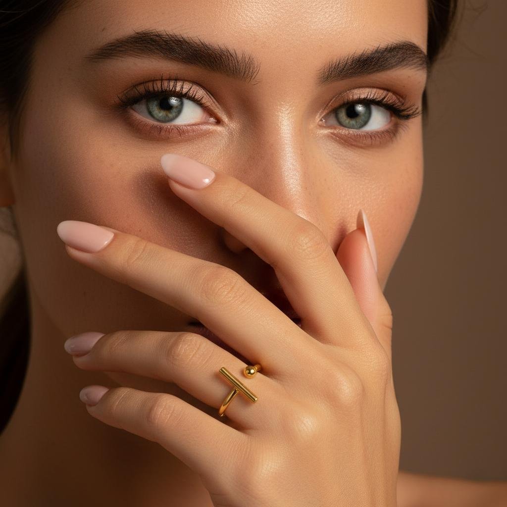 Alternative view of Bar & Sphere Open Gold Plate Ring