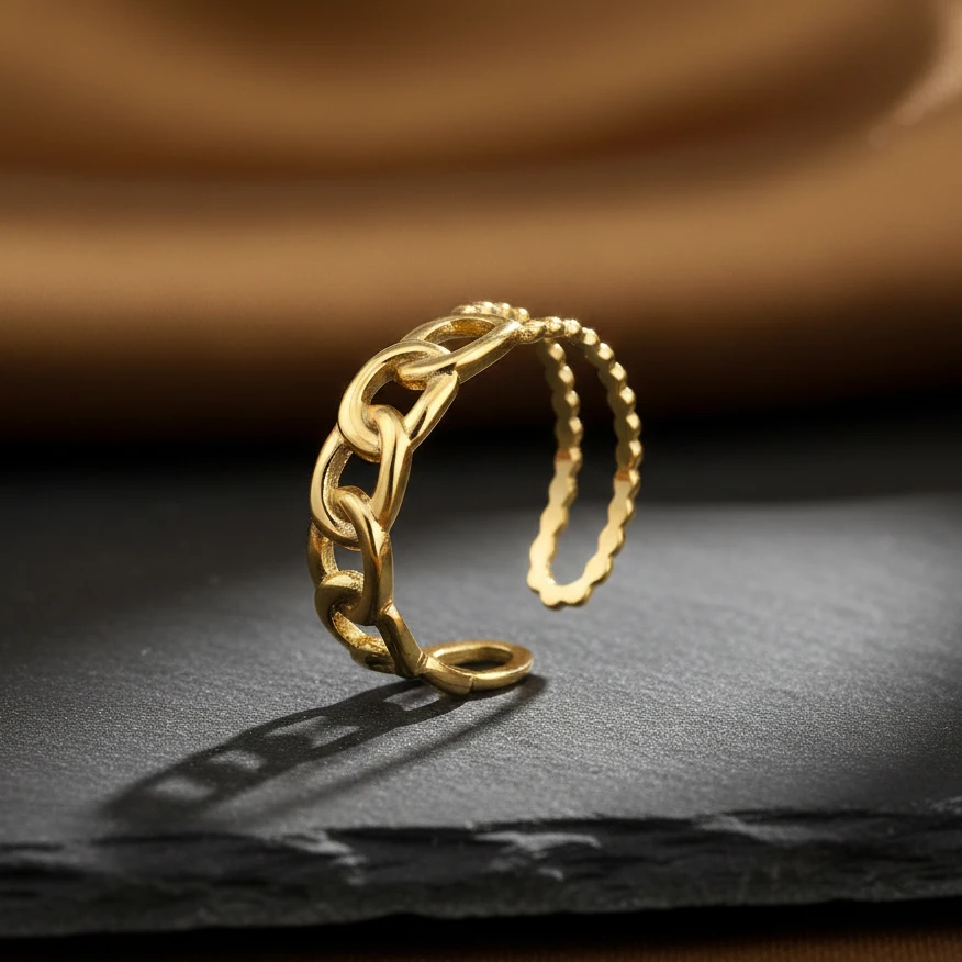 Dual Band Chain Gold Adjustable Ring - Image 4