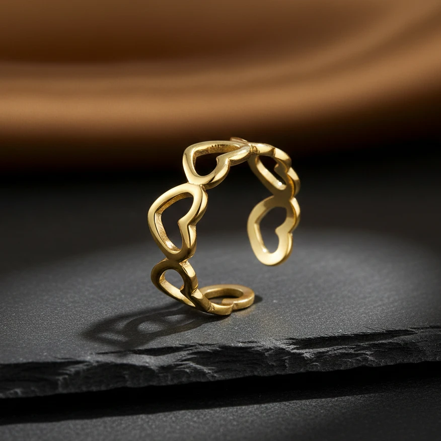 Elegant Heart Link Gold Adjustable Ring - Image 4