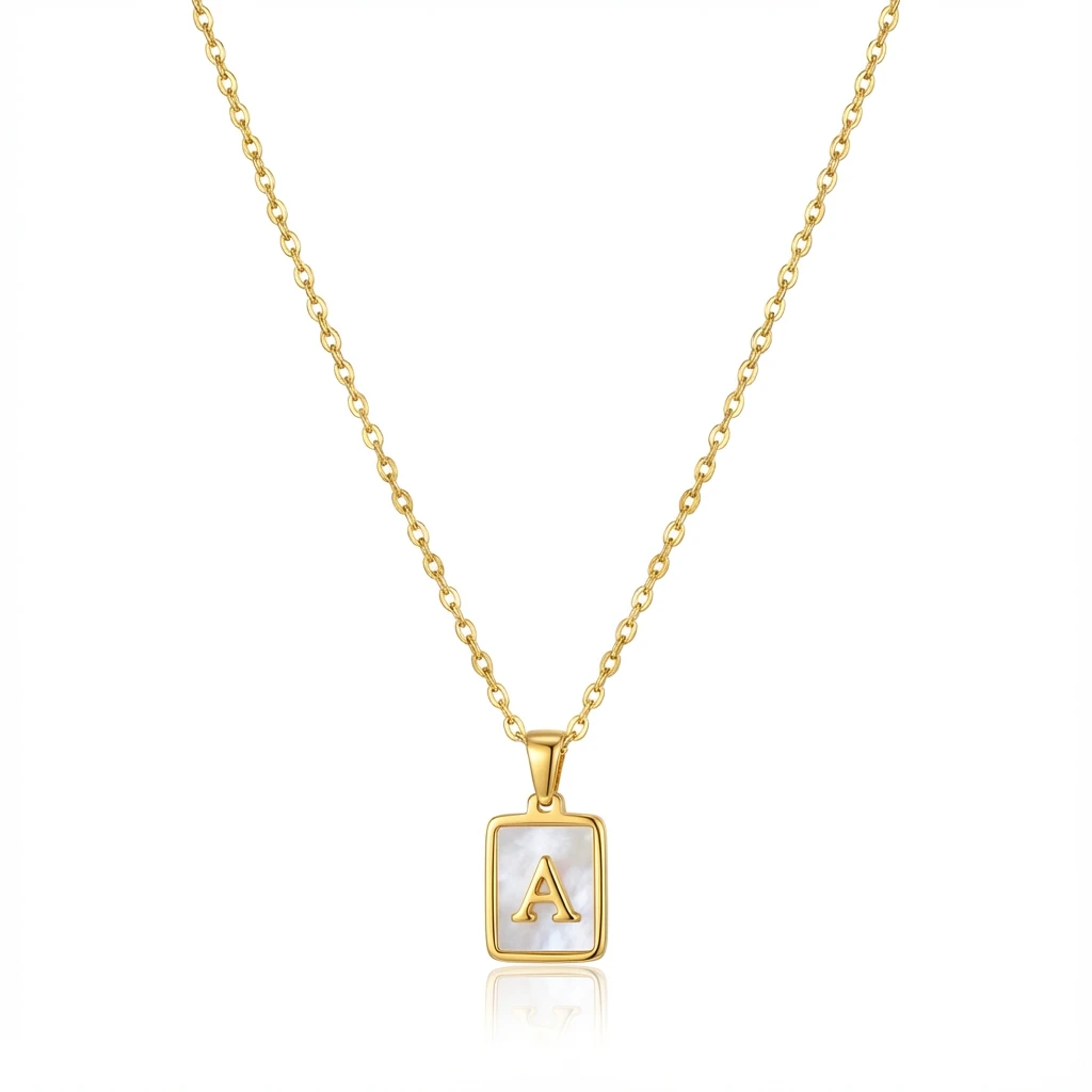 Gold Initial Letter A Mother of Pearl Rectangle Pendant Necklace