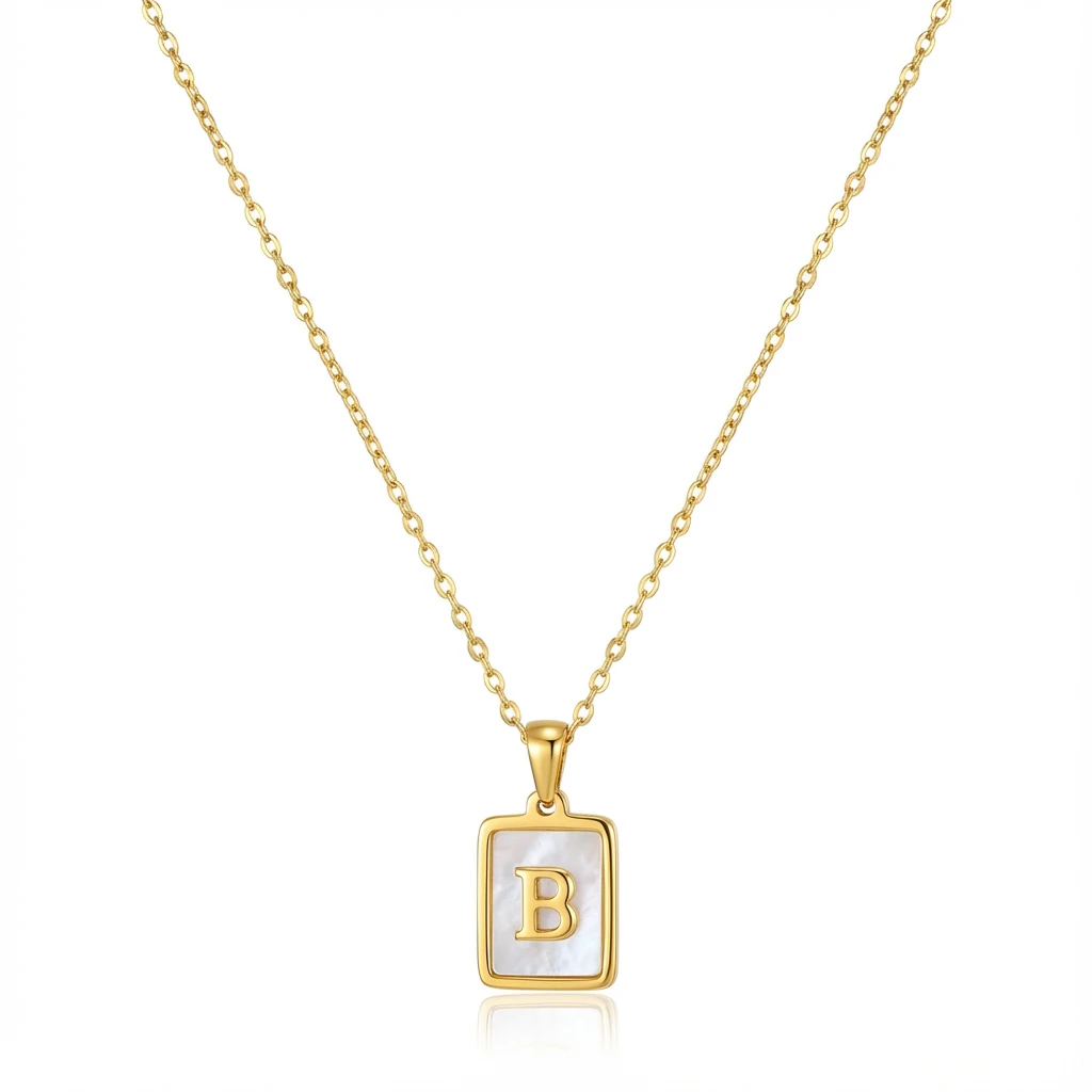 Gold Initial Letter B Mother of Pearl Rectangle Pendant Necklace