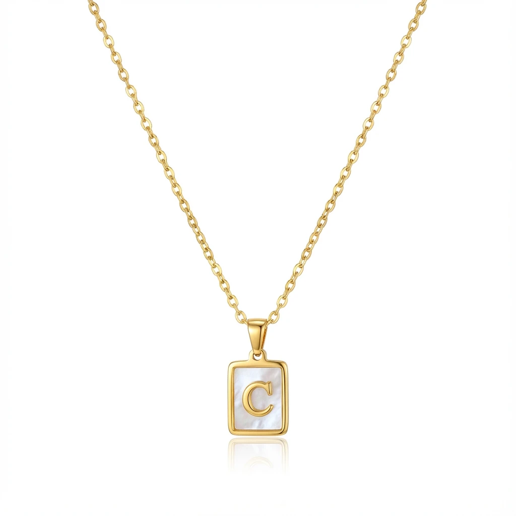 Gold Initial Letter C Mother of Pearl Rectangle Pendant Necklace