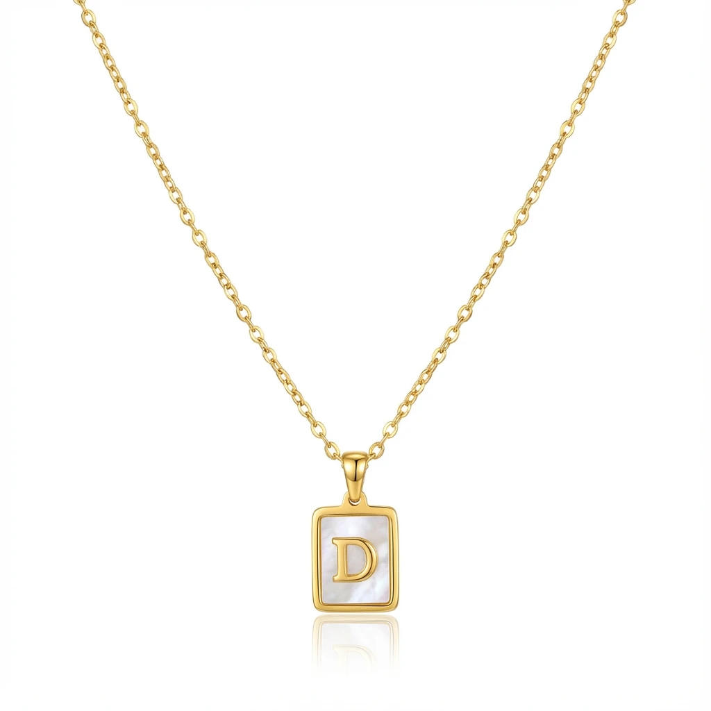 Gold Initial Letter D Mother of Pearl Rectangle Pendant Necklace