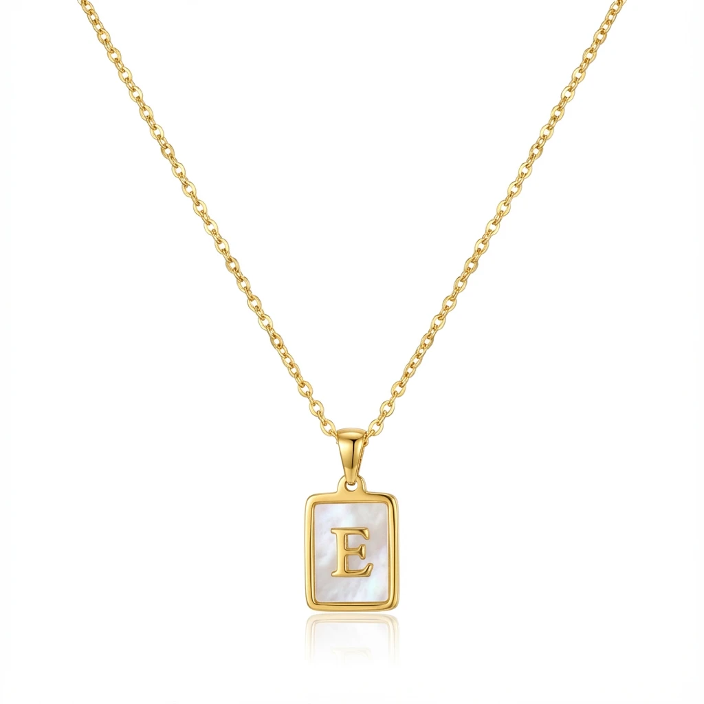 Gold Initial Letter E Mother of Pearl Rectangle Pendant Necklace