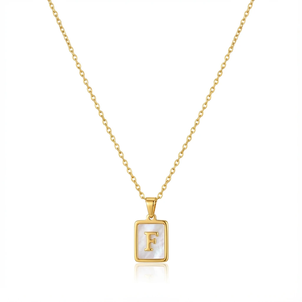Gold Initial Letter F Mother of Pearl Rectangle Pendant Necklace
