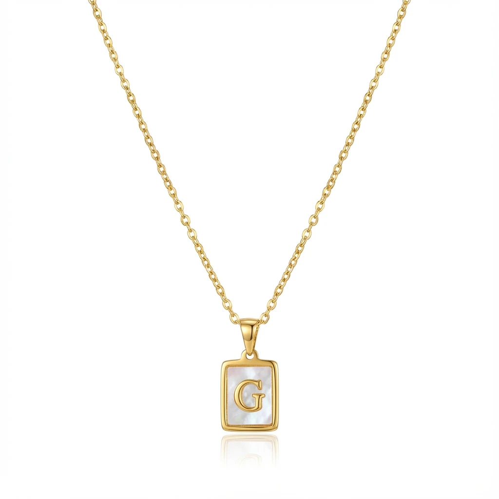 Gold Initial Letter G Mother of Pearl Rectangle Pendant Necklace