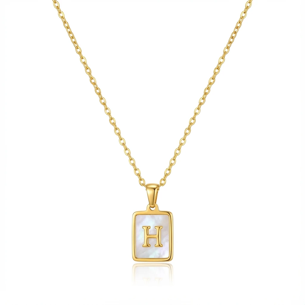 Gold Initial Letter H Mother of Pearl Rectangle Pendant Necklace