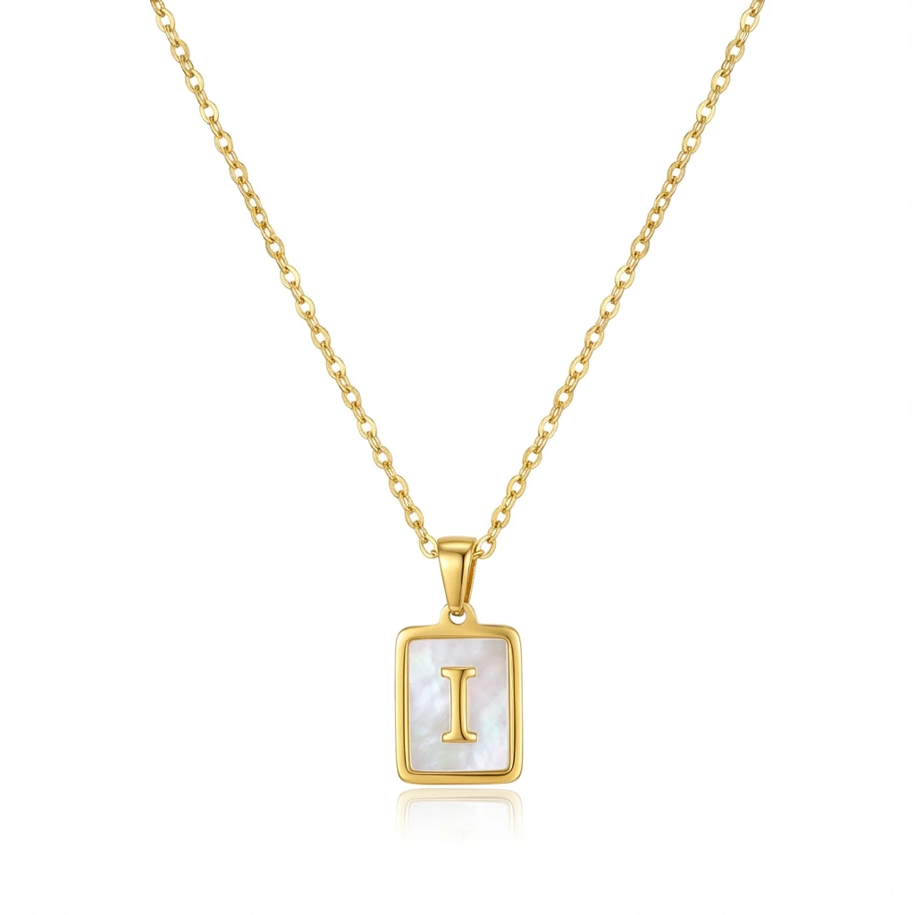 Gold Initial Letter I Mother of Pearl Rectangle Pendant Necklace