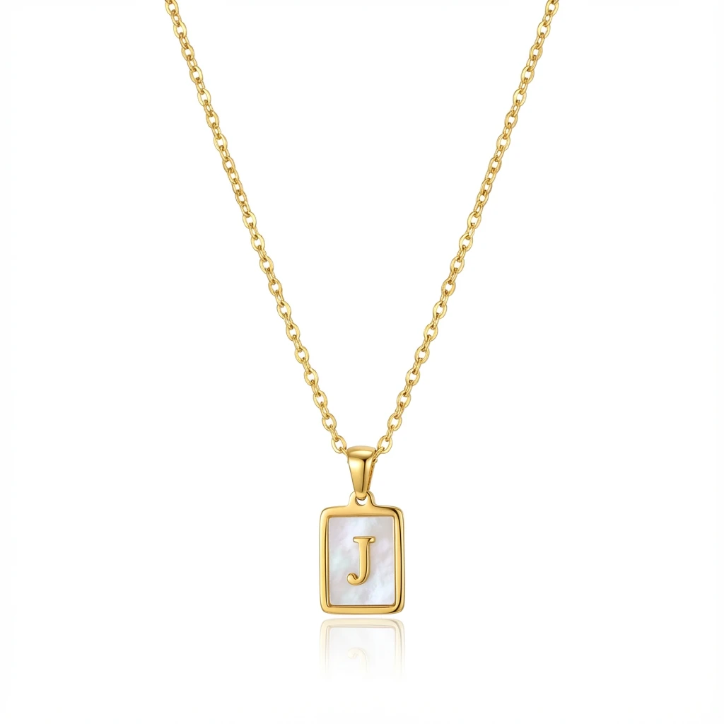 Gold Initial Letter J Mother of Pearl Rectangle Pendant Necklace