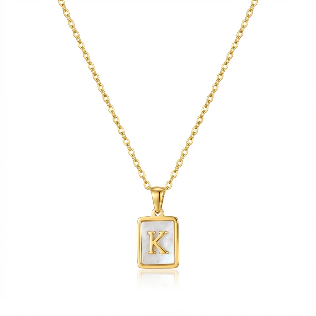 Gold Initial Letter K Mother of Pearl Rectangle Pendant Necklace