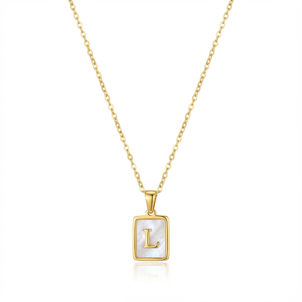 Gold Initial Letter L Mother of Pearl Rectangle Pendant Necklace