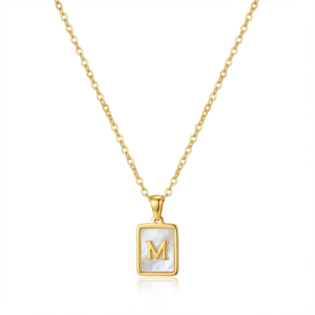 Gold Initial Letter M Mother of Pearl Rectangle Pendant Necklace