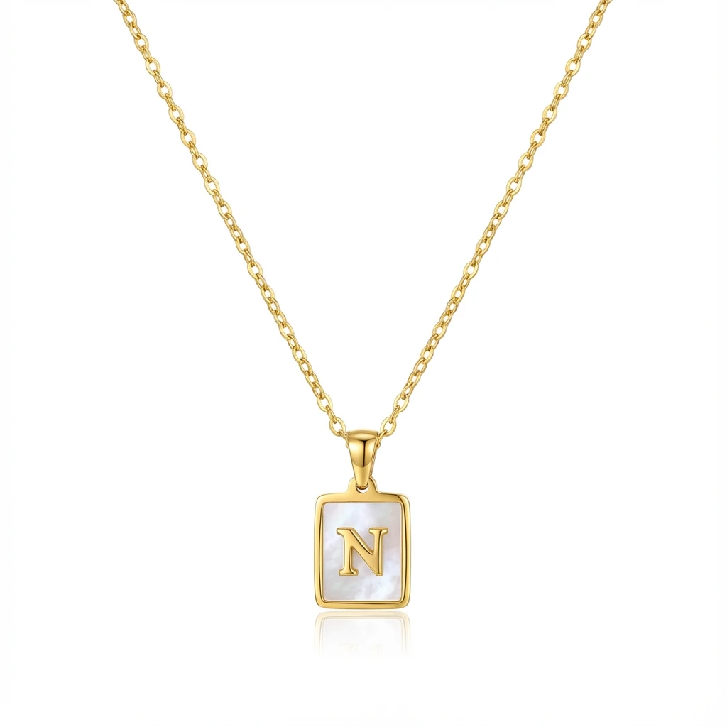 Gold Initial Letter N Mother of Pearl Rectangle Pendant Necklace