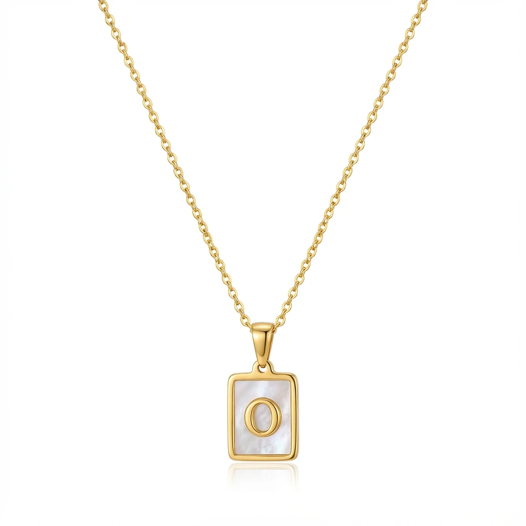 Gold Initial Letter O Mother of Pearl Rectangle Pendant Necklace
