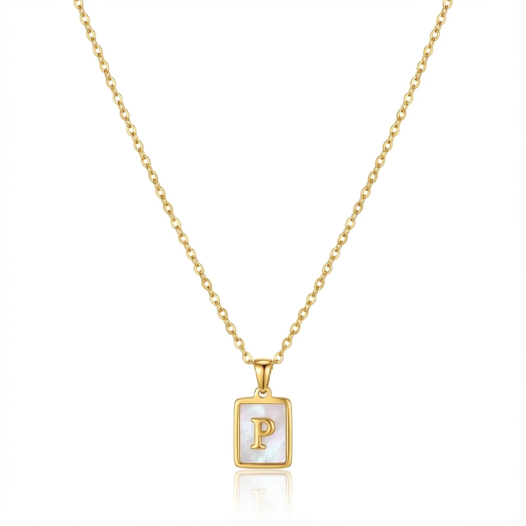 Gold Initial Letter P Mother of Pearl Rectangle Pendant Necklace