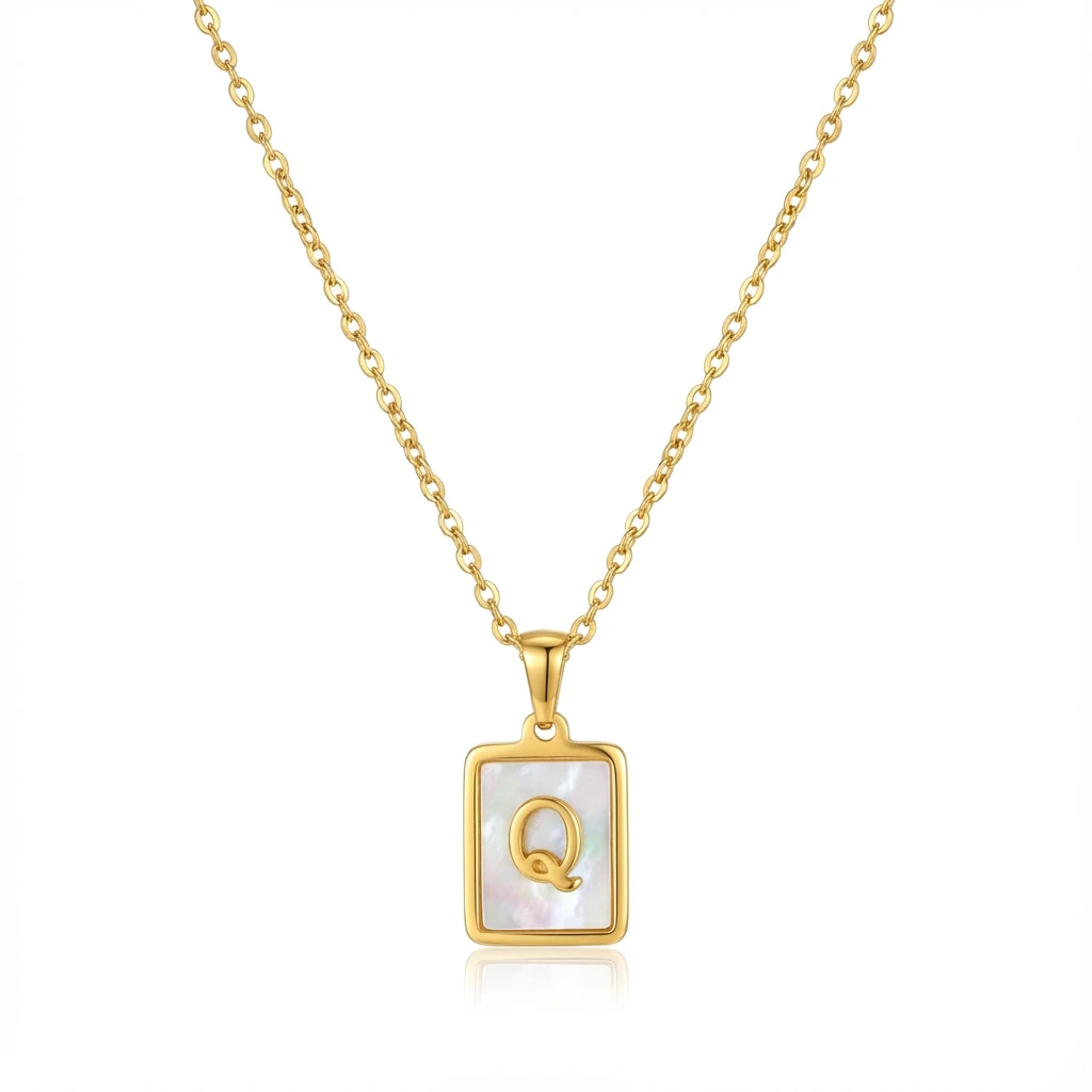 Gold Initial Letter Q Mother of Pearl Rectangle Pendant Necklace
