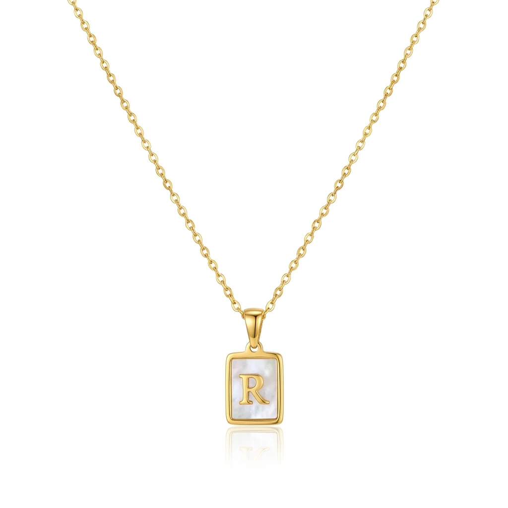 Gold Initial Letter R Mother of Pearl Rectangle Pendant Necklace