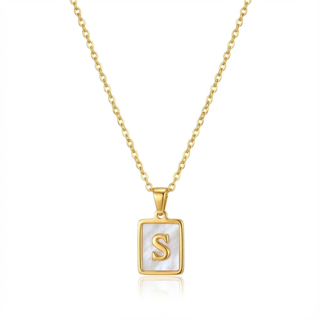 Gold Initial Letter S Mother of Pearl Rectangle Pendant Necklace