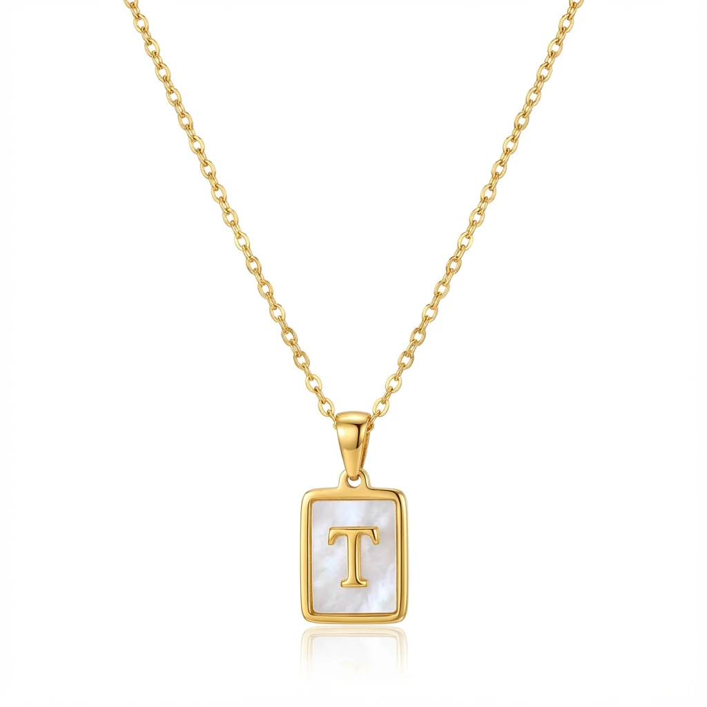 Gold Initial Letter T Mother of Pearl Rectangle Pendant Necklace