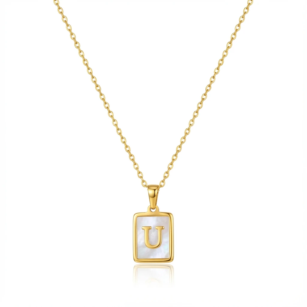 Gold Initial Letter U Mother of Pearl Rectangle Pendant Necklace