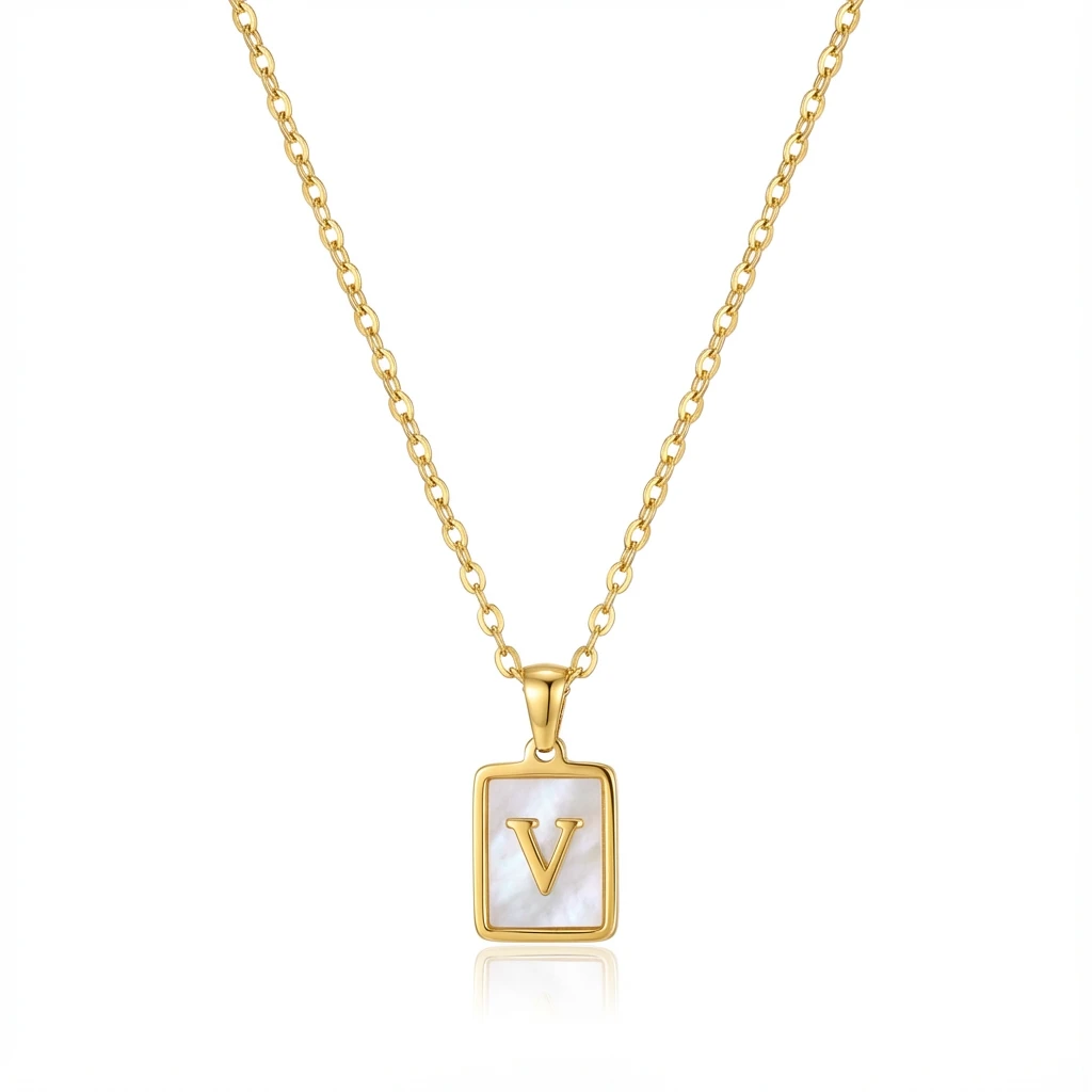 Gold Initial Letter V Mother of Pearl Rectangle Pendant Necklace