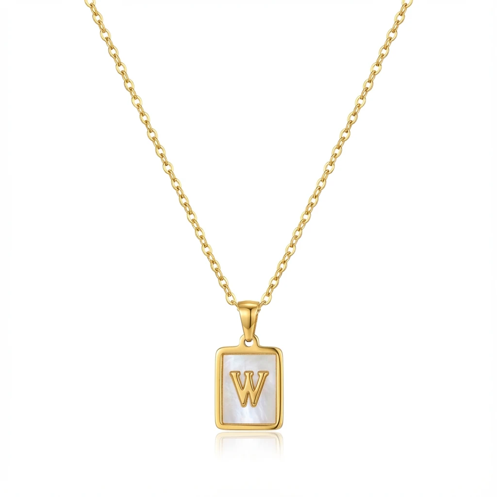 Gold Initial Letter W Mother of Pearl Rectangle Pendant Necklace