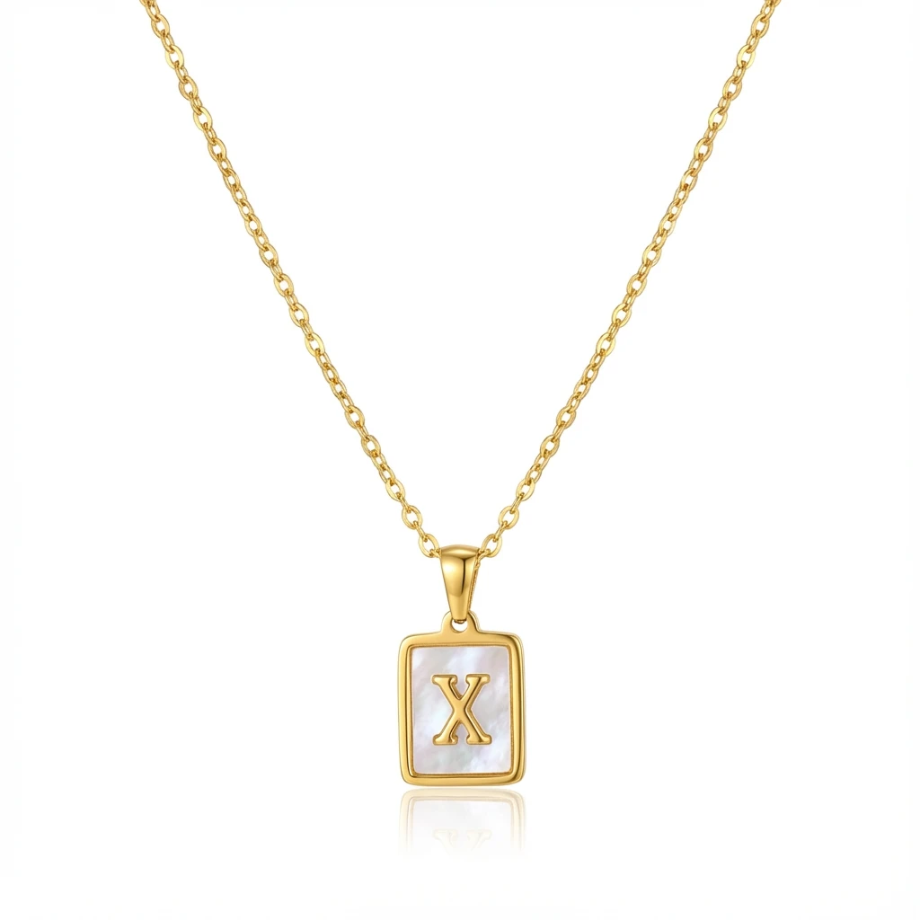 Gold Initial Letter X Mother of Pearl Rectangle Pendant Necklace