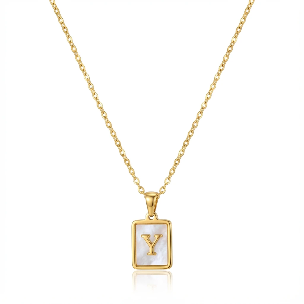 Gold Initial Letter Y Mother of Pearl Rectangle Pendant Necklace