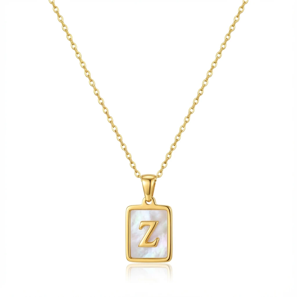 Gold Initial Letter Z Mother of Pearl Rectangle Pendant Necklace