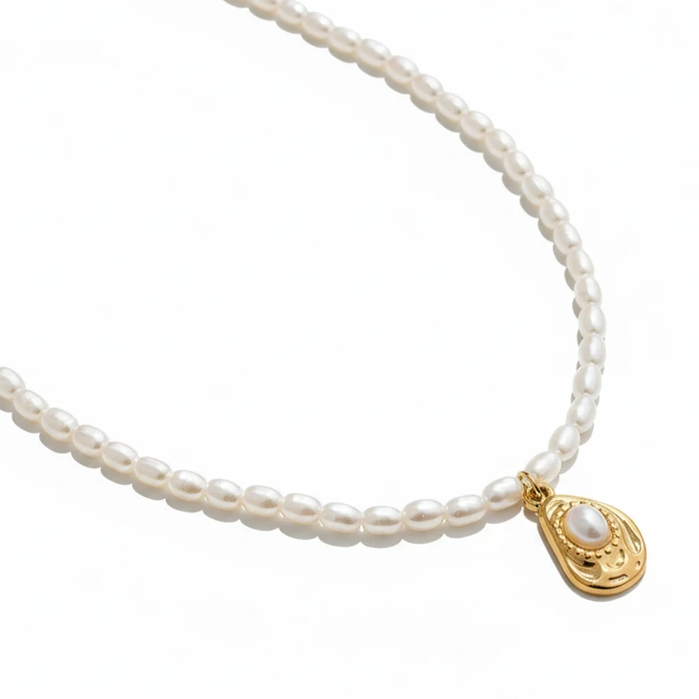 White Pearl Strand Necklace with Textured Teardrop Pearl Charm - Image 4