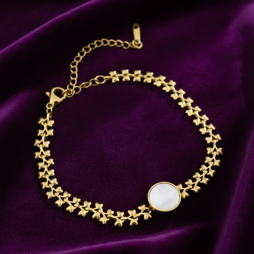 Alternative view of Gold Heart Link Bracelet with Mother of Pearl Center Disc