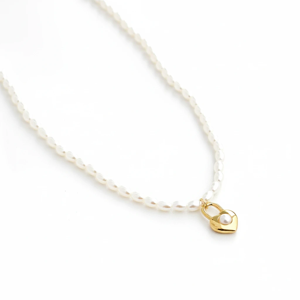 White Pearl Strand Necklace with Heart Padlock Pearl Charm - Image 4