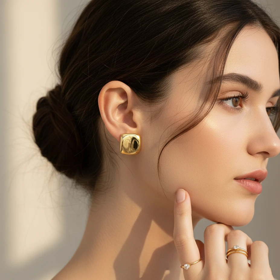 Alternative view of Cushion Square Gold Stud Earring