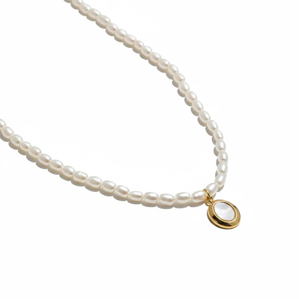White Pearl Strand Necklace with Shell Pearl Oval Frame Charm - Image 4
