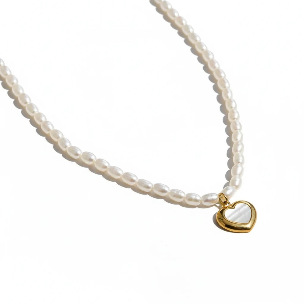 White Pearl Strand Necklace with Puffy Shell Pearl Heart Charm - Image 4