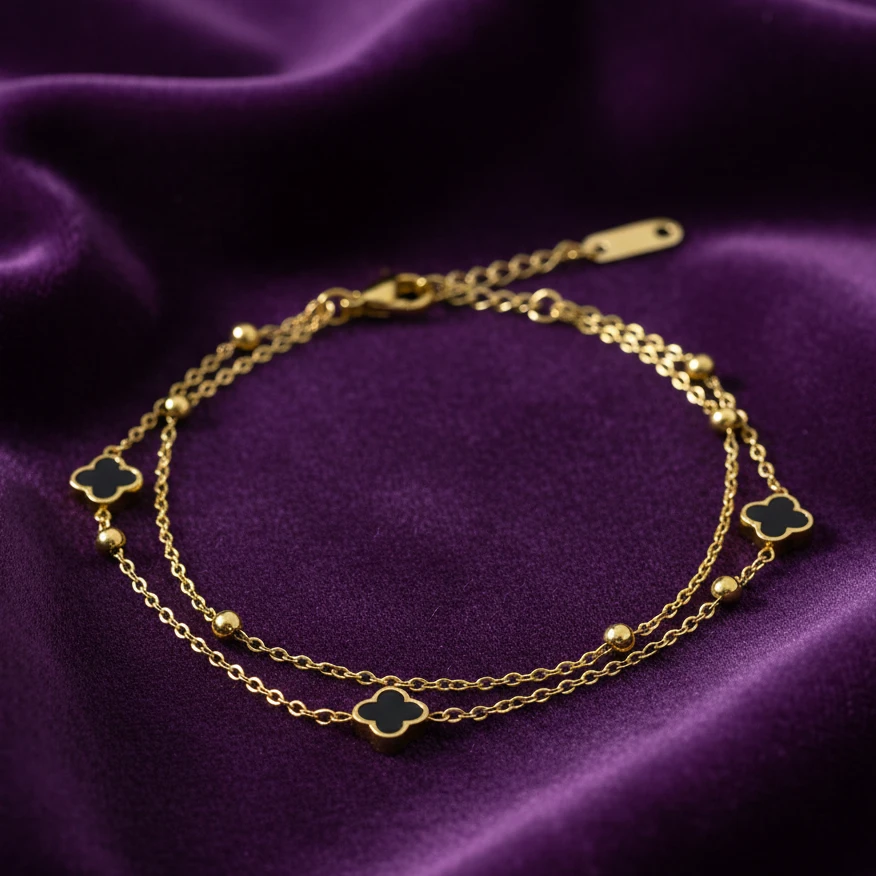 Double Layer Black Clover & Bead Chain Bracelet - Image 5