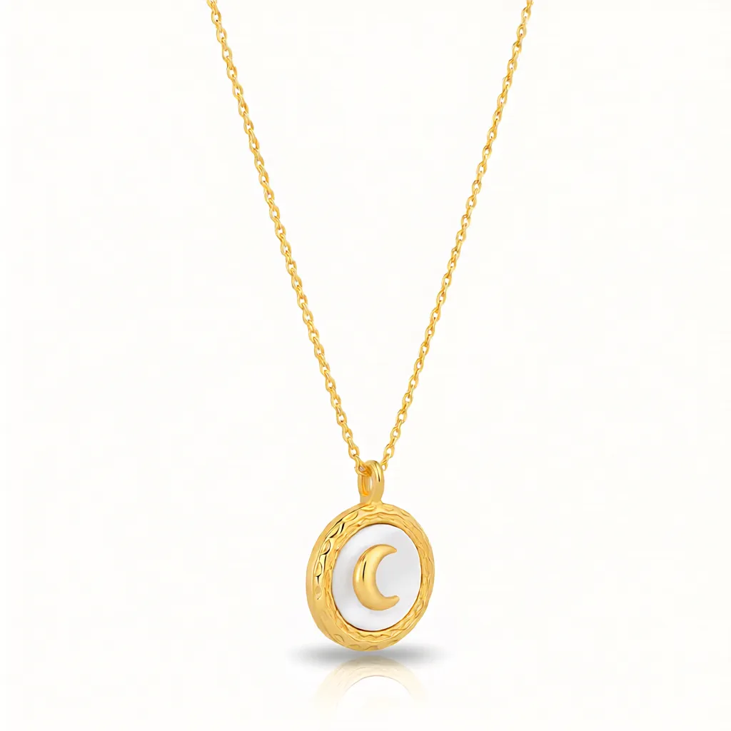 Alternative view of Gold Crescent Moon Mother of Pearl Disc Pendant Necklace