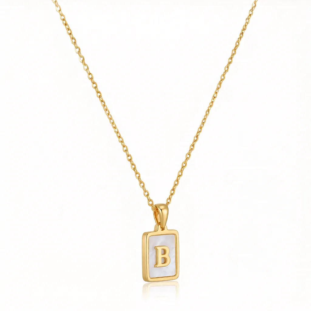 Alternative view of Gold Initial Letter B Mother of Pearl Rectangle Pendant Necklace