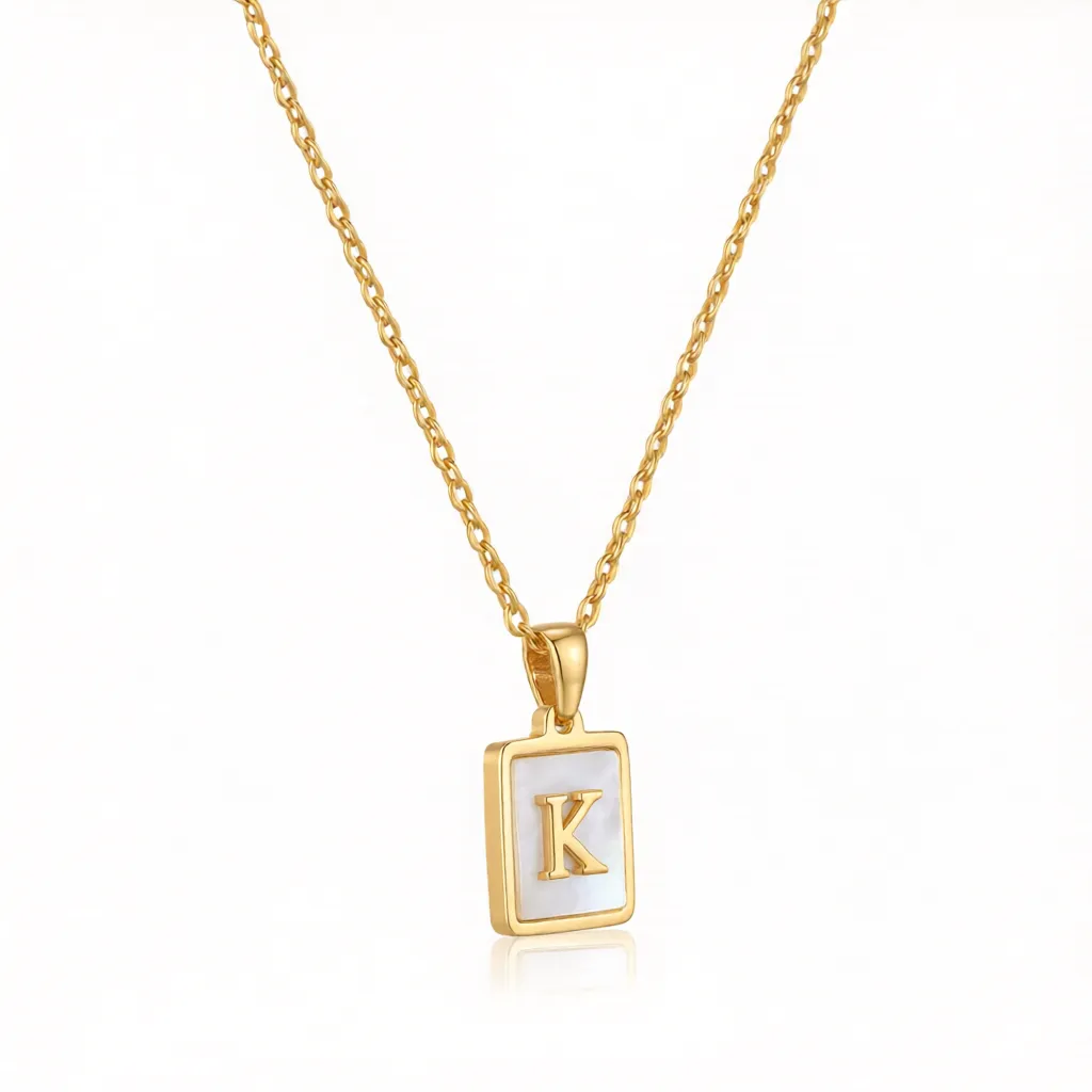 Gold Initial Letter K Mother of Pearl Rectangle Pendant Necklace - Image 4