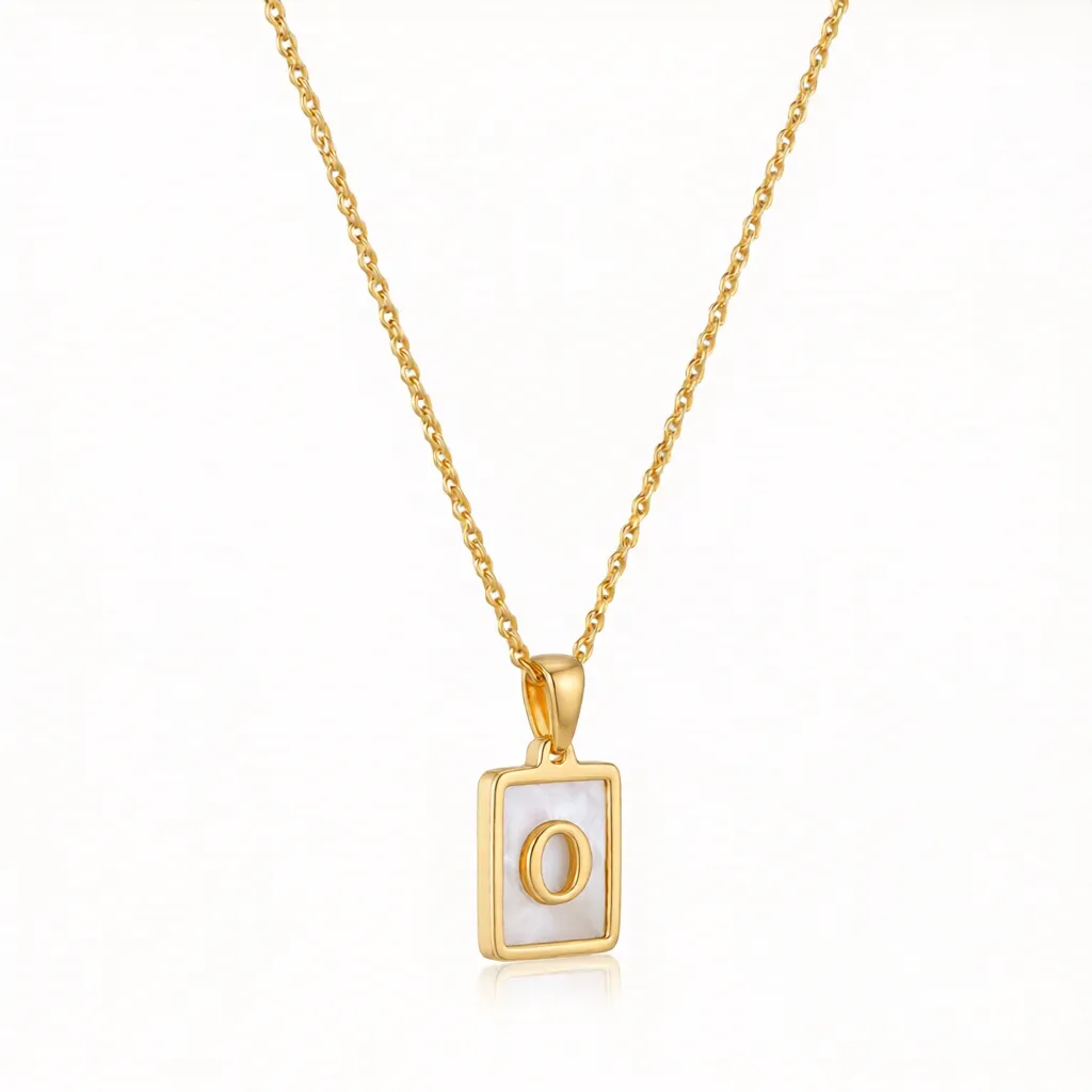 Gold Initial Letter O Mother of Pearl Rectangle Pendant Necklace - Image 4