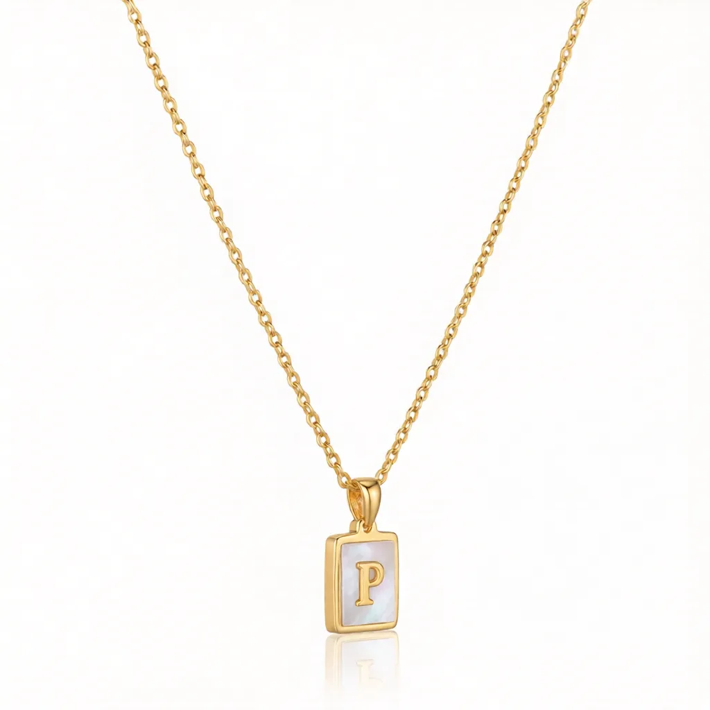Gold Initial Letter P Mother of Pearl Rectangle Pendant Necklace - Image 4