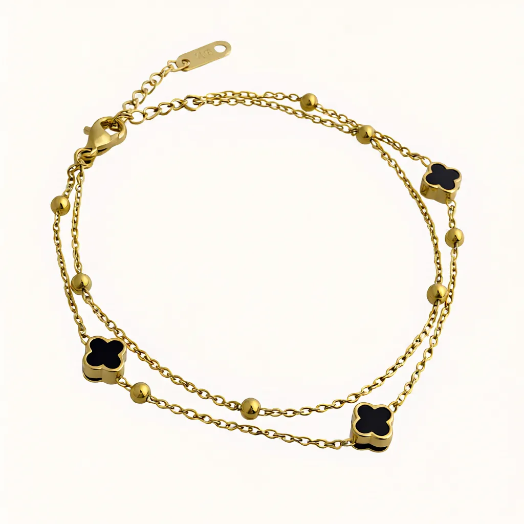 Double Layer Black Clover & Bead Chain Bracelet - Image 4