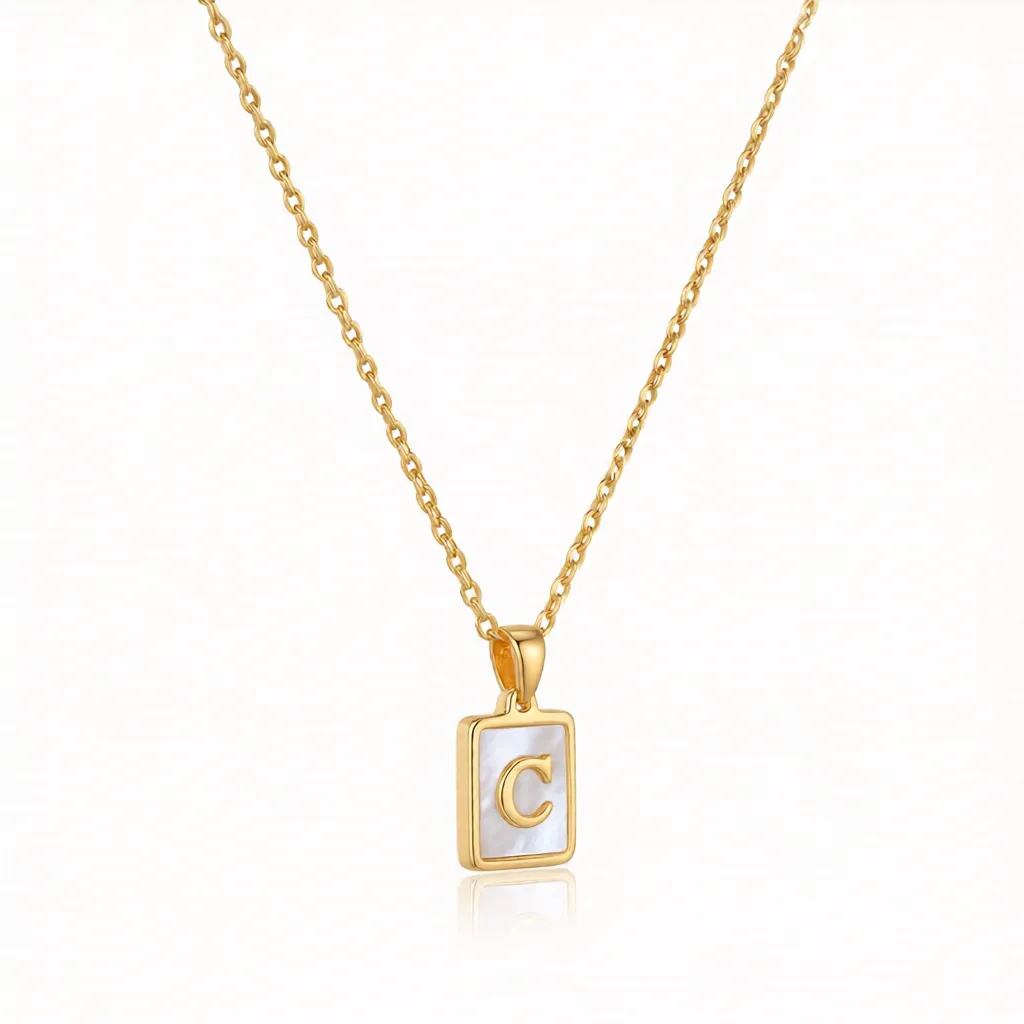 Alternative view of Gold Initial Letter C Mother of Pearl Rectangle Pendant Necklace