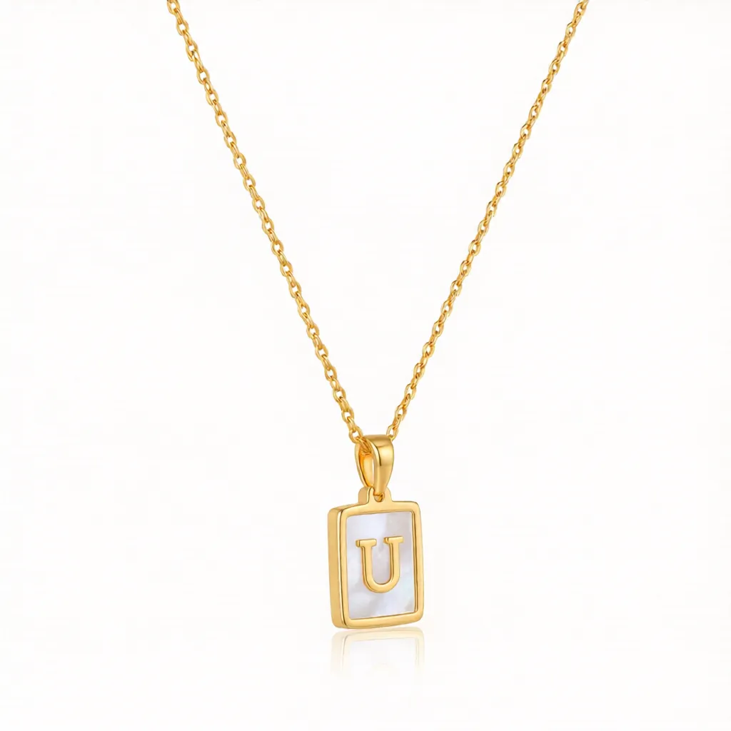 Gold Initial Letter U Mother of Pearl Rectangle Pendant Necklace - Image 4