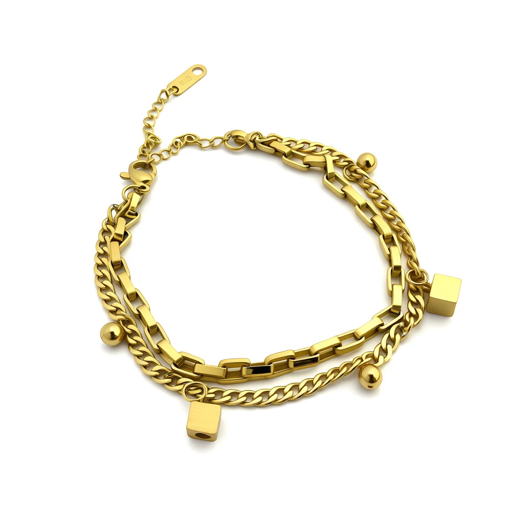 Gold Bracelet with Mixed Links & Geometric Charm Accents - Image 4