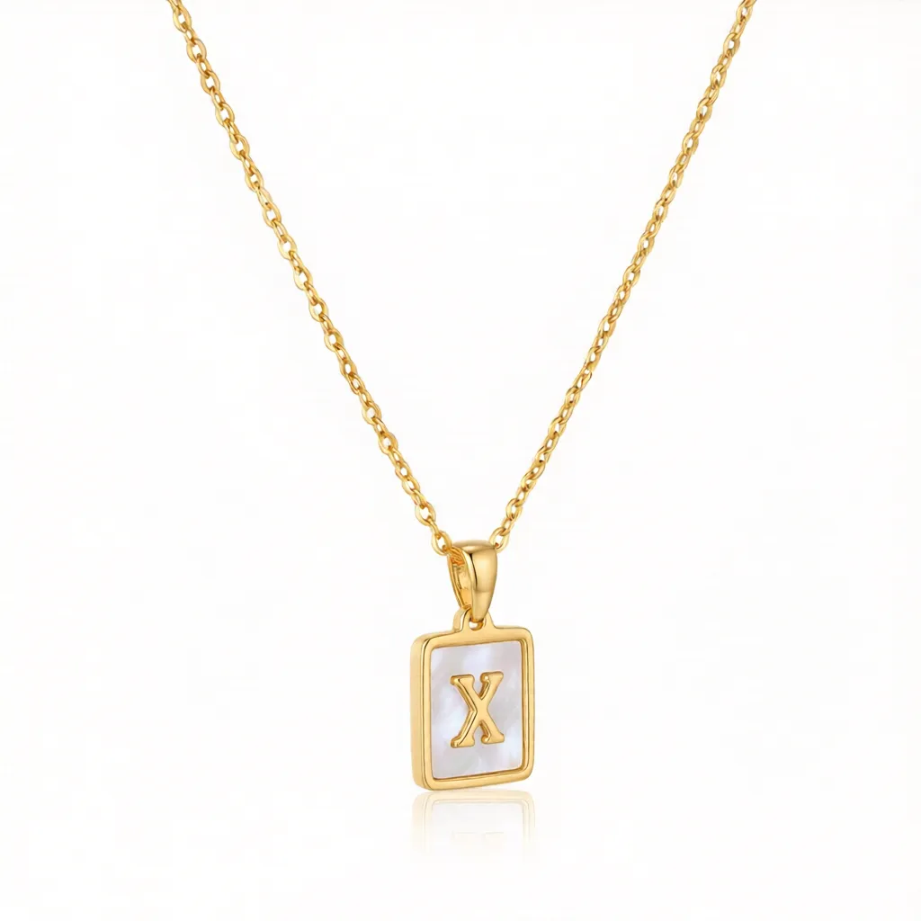 Alternative view of Gold Initial Letter X Mother of Pearl Rectangle Pendant Necklace