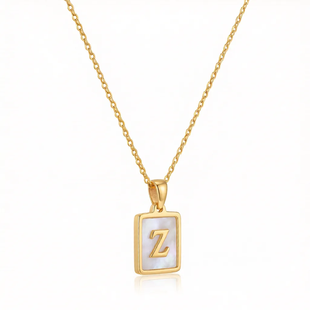 Gold Initial Letter Z Mother of Pearl Rectangle Pendant Necklace - Image 4