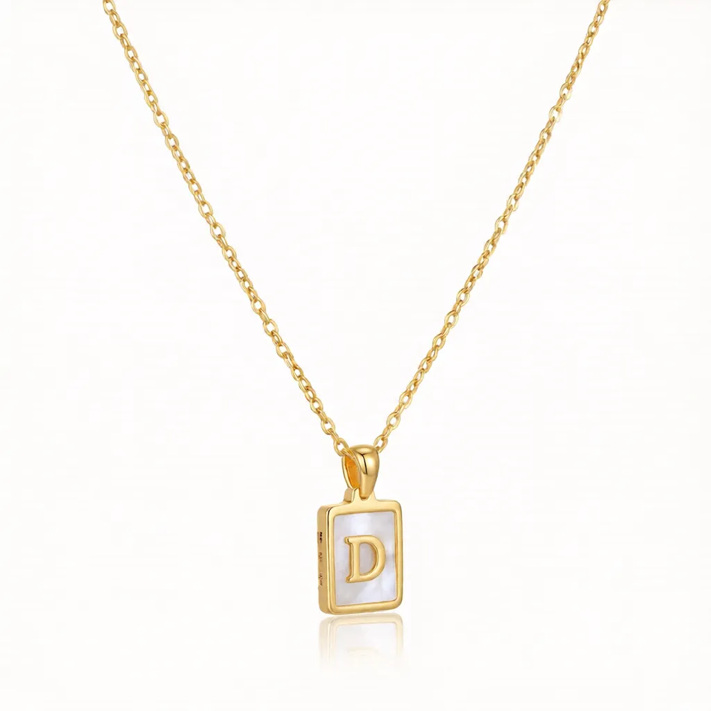 Gold Initial Letter D Mother of Pearl Rectangle Pendant Necklace - Image 4