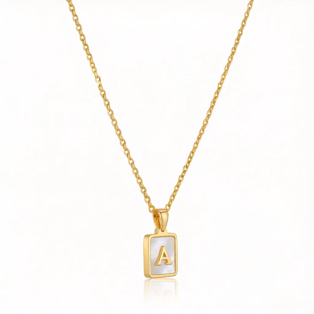 Gold Initial Letter A Mother of Pearl Rectangle Pendant Necklace - Image 4